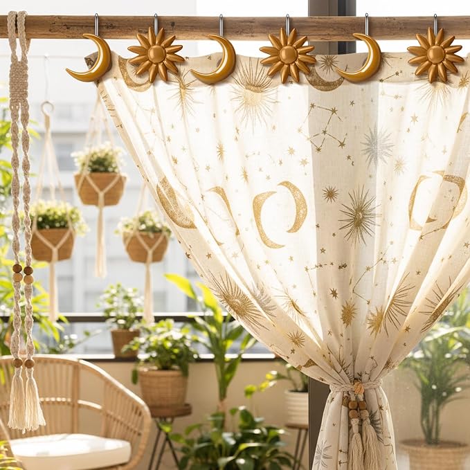 Yaocom 12 Pcs Gold Sun Moon Celestial Shower Curtain Hooks Rustproof | Boho Decorative Shower Hangers Bulk Vintage Glide Curtain Rings for Bathroom Bedroom Living Room Minimalist Decor