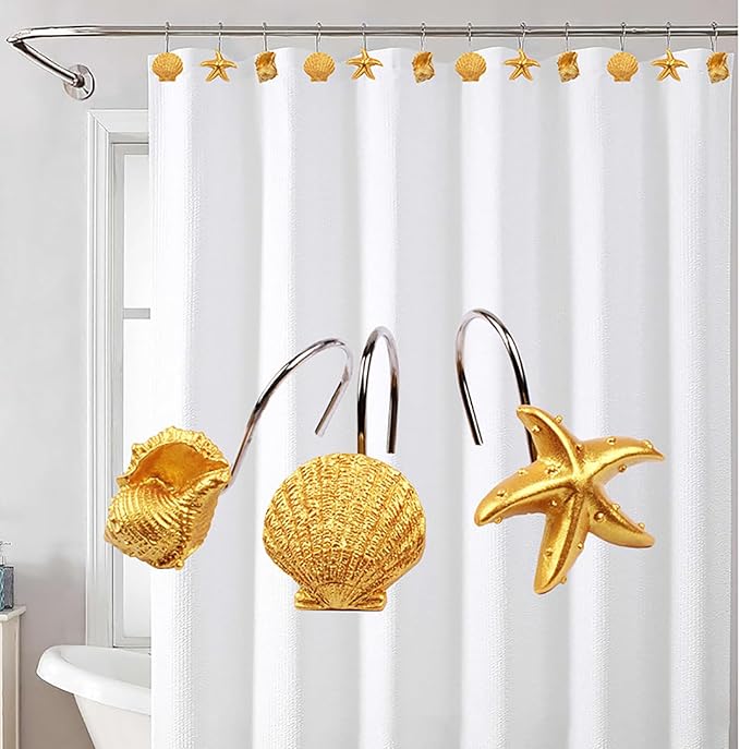 Seashell Shower Curtain Hooks 12pcs Beach Shower Curtain Rings Bath Shower Hooks Rust Proof Curtain Hangers Coastal Bathroom Accessories Decor (Golden)