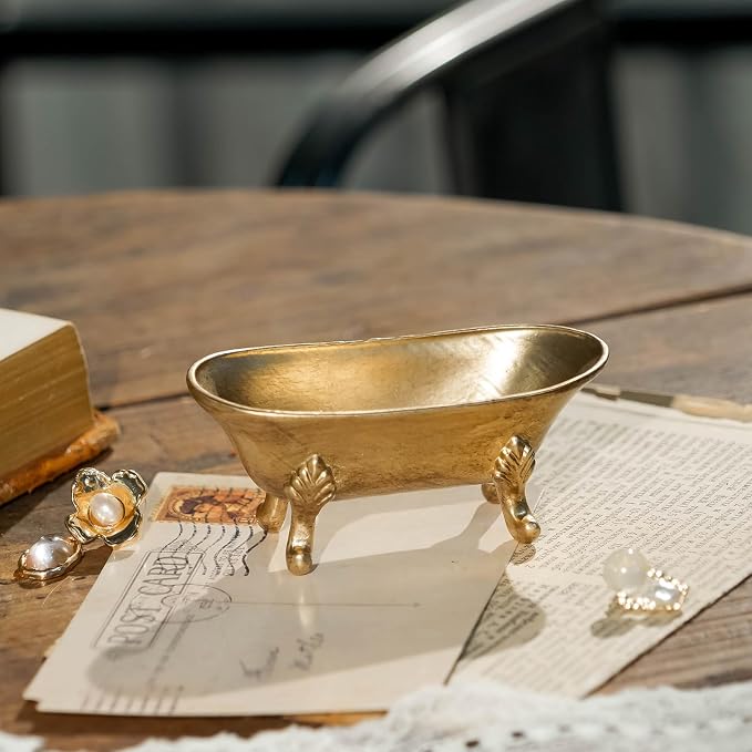 NIKKY HOME Gold Bathtub Ring Holder Jewelry Tray, Vintage Trinket Dish | Small Classic Metal Decorative Tray for Women, Elegant Storage Organizer for Vanity & Bathroom, Wedding & Engagement Gift