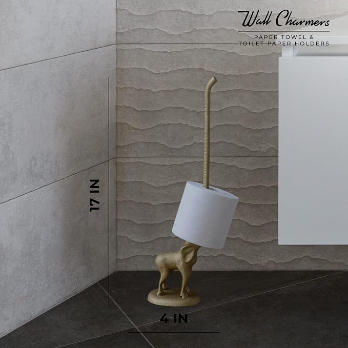 Gold Paper Towel Holder, Metal Toilet or Kitchen Paper Holder for Floor or Countertop, Gold Elephant | 18.6 inch tall gold cast iron hand towel holder for kitchen countertop or bathroom with weighted base, no assembly