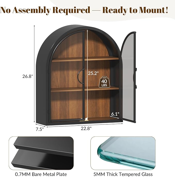 Arched Wall Cabinet with Clear Glass Door, NO Assembly | Metal Frame, 12MM Wooden Shelves, Handcrafted Arched Design, 40-lb per Tier, 5MM Tempered Glass, for Bathroom Wall Medicine