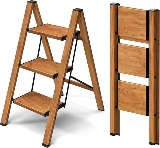 Taranta 3 Step Stool Foldable,Aluminum Step Ladder-Woodgrain | Lightweight,Wide Anti-Slip Pedals,Folding Step Stool,330lbs Capacity Stepladder for Household,Kitchen,Office