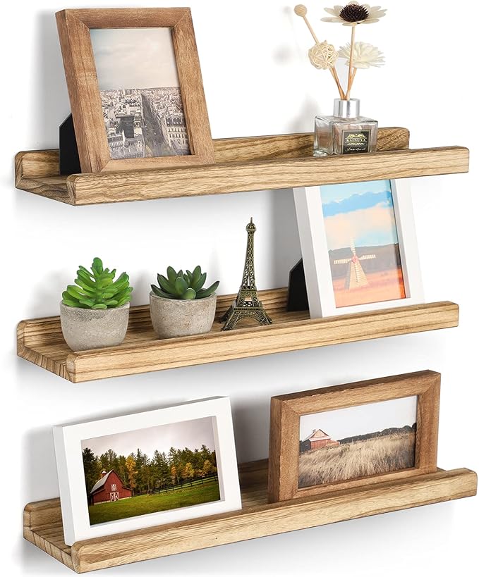 Emfogo Floating Shelves for Wall, 16.9 inch Wood Wall Shelves with Ledge, Floating Shelf Picture Ledge Set of 3 for Living Room Bedroom Kitchen Display and Storage(Rustic Brown)