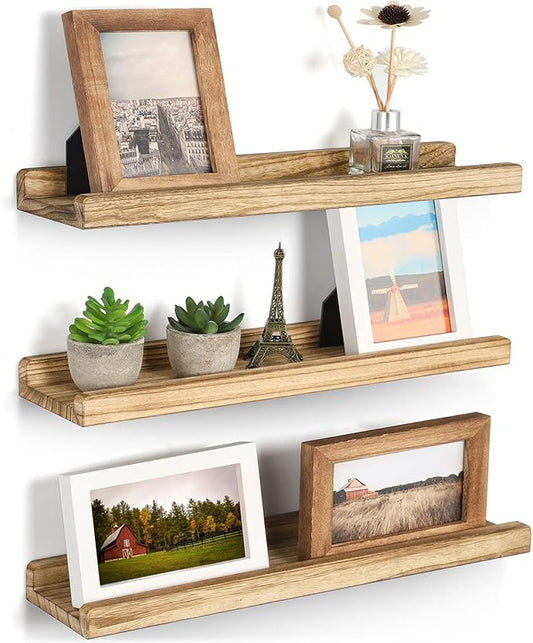 Emfogo Floating Shelves for Wall, 16.9 inch Wood Wall Shelves with Ledge, Floating Shelf Picture Ledge Set of 3 for Living Room Bedroom Kitchen Display and Storage(Rustic Brown)