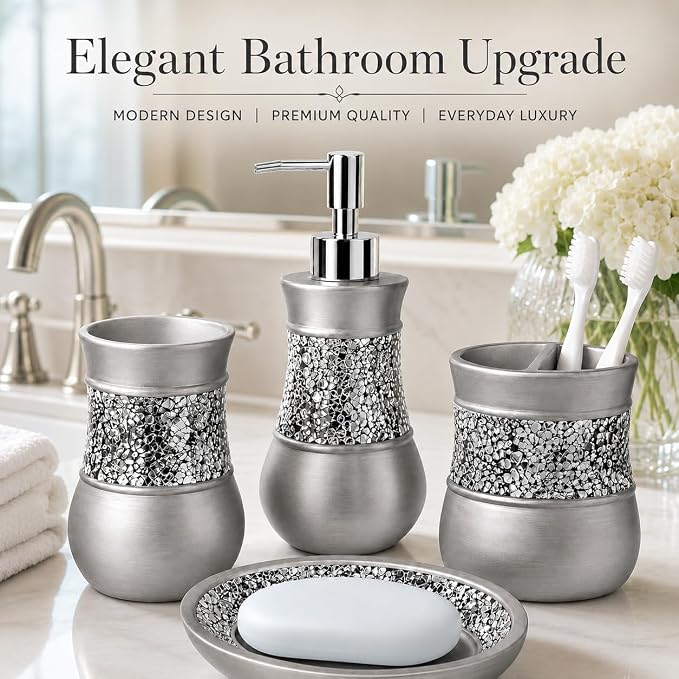 Creative Scents 4 Pc. Resin Bathroom Accessory Set | Silver Crackled Glass | Includes Soap Dispenser, Toothbrush Holder, Tumbler Cup and Soap Dish