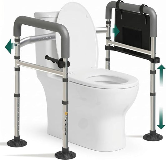 Toilet Safety Rails(350LBS), Adjustable Toilet Frame with Handles for Seniors, Elderly & Disabled, Foldable Toilet Grab Bars with Tissue Holder & Storage Bag,Fit Any Toilet, Gray