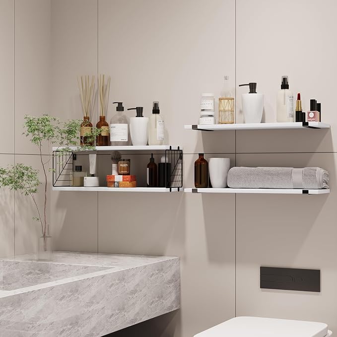 Fixwal 3+1 Tier Bathroom Floating Shelves Over Toilet, White | White Wood Shelf Set with Toilet Paper Storage Basket, Natural Finish, 40Lb Weight Limit, Quick Mount, Versatile