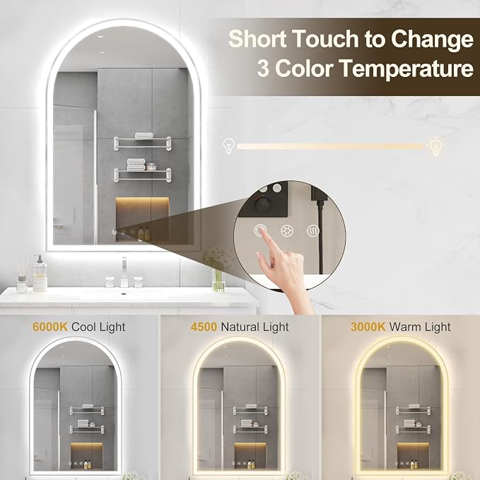 24"x36" Arched LED Lighted Bathroom Mirror with Lights | Silver Aluminum Frame, Fogless, Dimmable, Shatterproof, Touch Sensor, 3 Color Changing
