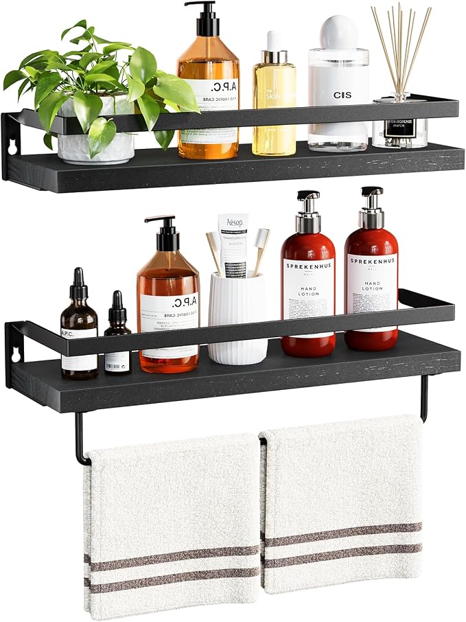 Amada Bathroom Shelves with Towel Bar, Set of 2, Black | Floating Shelves with Detachable Towel Bar, Protective Metal Guards, Paulownia Wood, Bathroom, Living Room & Kitchen Storage