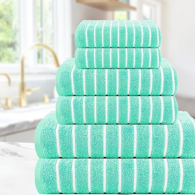 CASA COPENHAGEN Ecstatic 6Pcs 100% Egyptian Cotton Large Designer Towels Gift Set- Blue-Green, 600GSM, 2Bath 2Hand 2Washcloths, Bath Towels for Bathroom (Box Pack, Gift Set for Women & Men)