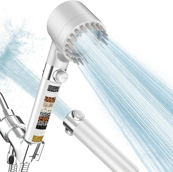 Filtered Shower Head with Handheld,High Pressure Shower Heads with Filters | ON/OFF Switch,4 Spray,Built-in Power Wash,Detachable Showerhead,Silicone Massage Brush,White,Water Softener