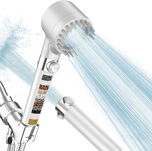 Filtered Shower Head with Handheld,High Pressure Shower Heads with Filters | ON/OFF Switch,4 Spray,Built-in Power Wash,Detachable Showerhead,Silicone Massage Brush,White,Water Softener
