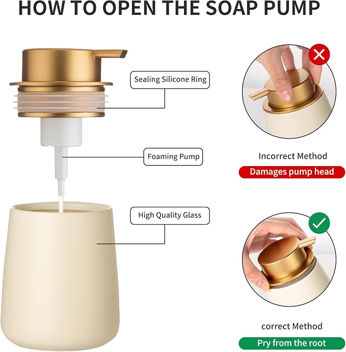 Enra Foam Soap Dispenser, Beige Foaming Hand Soap Dispenser Gold Pump | 12oz Refillable Design with Easy-Press Pump.Modern Style Enhances Sinks,Countertops, Kitchens and Bathroom Spaces.