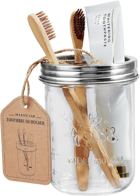 SheeChung Mason Jar Toothbrush Holders, Farmhouse Toothpaste Organizer, 1Pc | Brushed Nickel Glass Electric Tooth Brush Holder for Bathroom Countertop, Removable Stainless Steel Lid, Rustic Vintage Decor