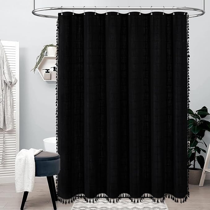 72x78 Boho Farmhouse Linen Heavy Duty Fabric Shower Curtain Set, Black | Long Size, 330GSM Linen Blend, 3-side Tassels, Water Repellent Cloth, 12 Plastic Hooks, Rustic Bohemian, Machine Washable
