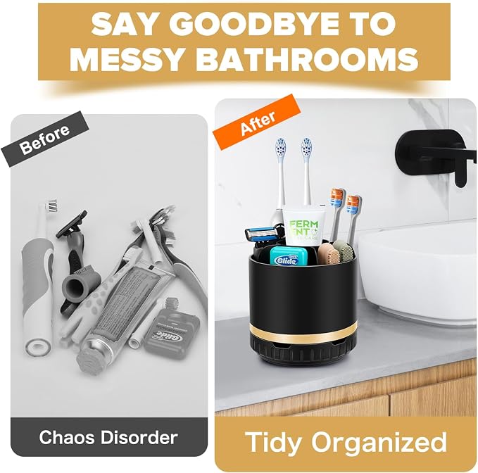 GFWARE Rotating Black Toothbrush Holder for Bathroom Organizer, Drainage | Detachable Matte Black 6 Slots Kids Electric Toothbrush and Toothpaste Holder, Bathroom Countertop Sink Storage Caddy