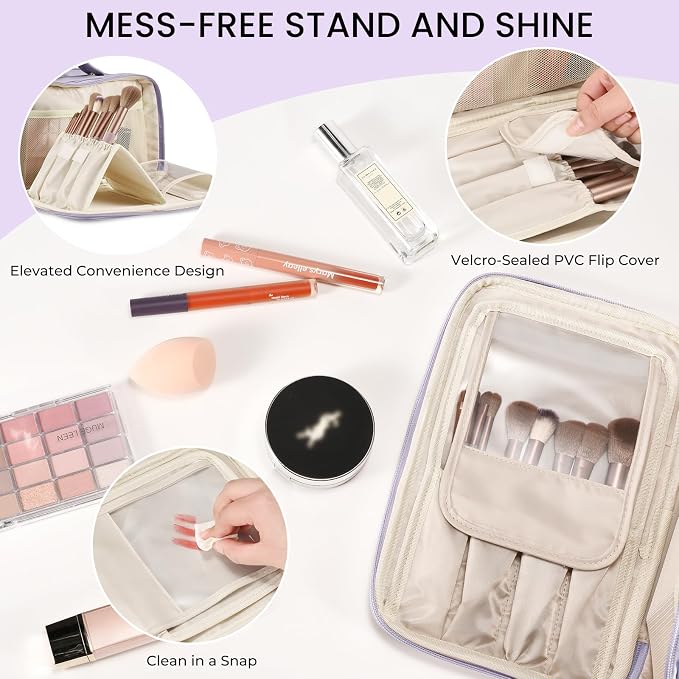 HauteHues Travel Makeup Bag Women's Large Capacity Cosmetic Portable Organizer Large Opening Waterproof Storage Toiletry Bags Vertical Free-Standing Brush Holder for Easy Access Purple