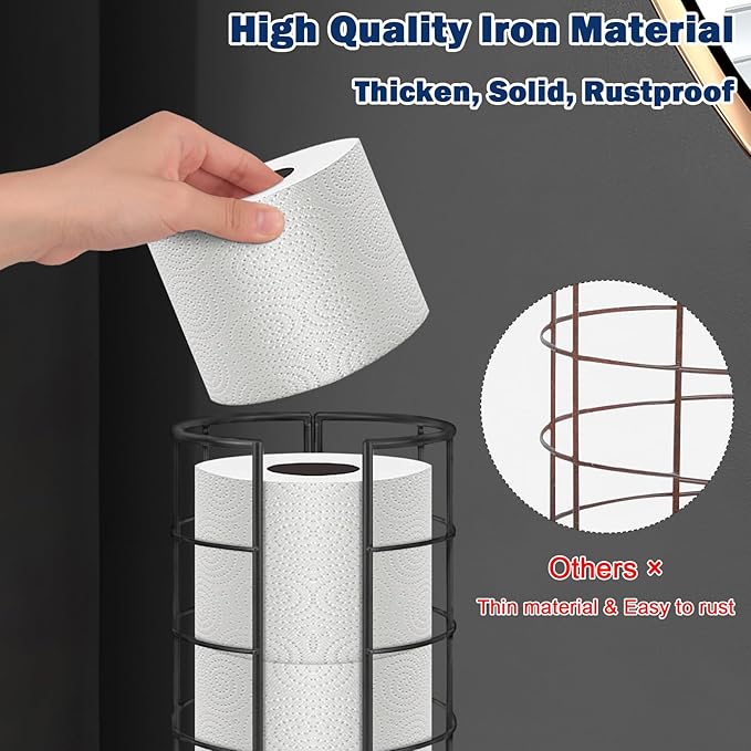 NearMoon Toilet Paper Organizer Stand, Free Standing 3 Rolls Tissue Storage, Metal Bathroom Accessory, Rustproof Toilet Roll Holder for Kitchen Countertop Inside Cabinet Shelf(Metal Base, Matte Black)