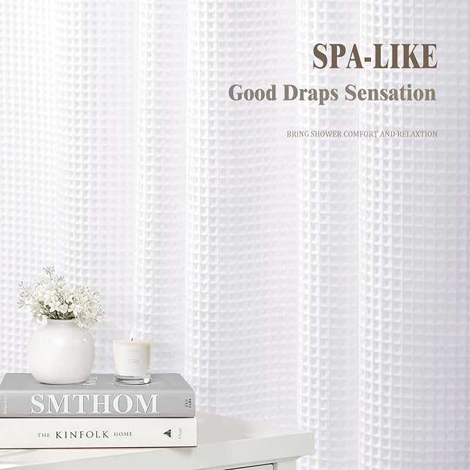 Waterproof Waffle Shower Curtain Heavyweight Cotton Fabric White 72Wx72L | Soft Cotton Cloth,3D Square Truely Waffle,Waterproof,Washable, Hotel Luxury Spa, Shower Curtain for Bathroom 12 Plastic Hooks