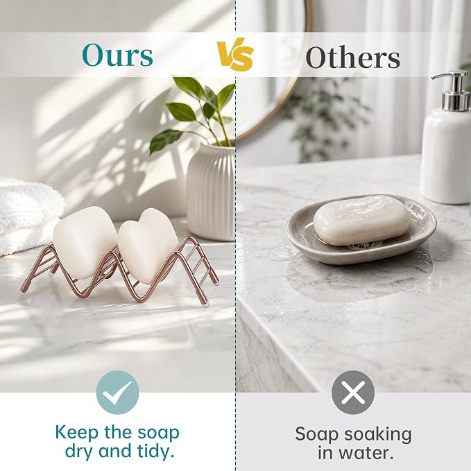 Stainless Steel Soap Dish Self Draining Bar Soap Holder, Rose Gold | Reversible Design Fits 2-3 Bars, Rustproof, Easy to Clean, Space Saving, Non Slip, for Bathroom, Shower, Kitchen