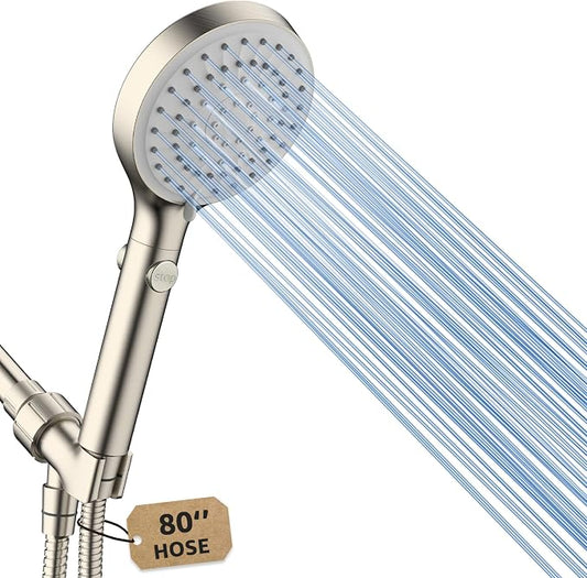 High Pressure Handheld Shower Head with Hose, Brushed Nickel | 80" Extra Long Stainless Steel Hose & Adjustable Bracket, Shower Heads with ON/OFF Switch for Pets Bath