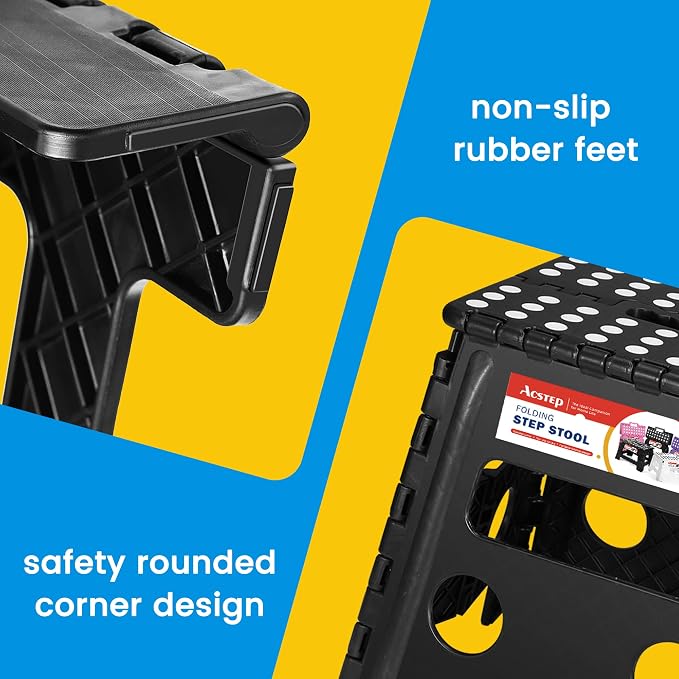 13 Inch Folding Step Stool, Non-Slip Surface for Adults/Kids, Black | Collapsible Heavy Duty Foldable Stools, Portable Foot Stepping Stool Holds 300 lb, Kitchen Bathroom Outdoor, with Handle