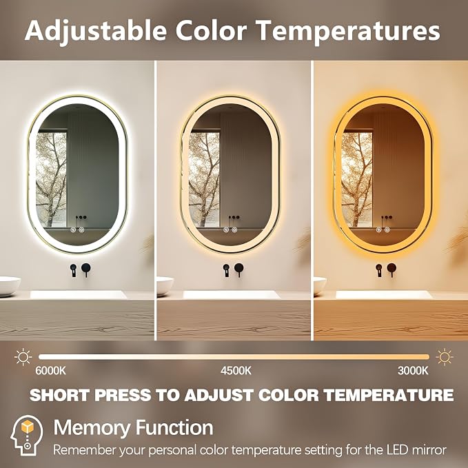 Oval LED Bathroom Mirror, Backlit + Front Lit Mirror Old Gold Frame | 3 Color Dimmable, Anti-Fog, 32"x20", Memory Function, Shatter-Proof, HD Glass, Pill-Shaped Mirror, Vertical or Horizontal