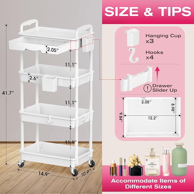 Goovilla Rolling Makeup Organizer Cart with Removable Drawer, 4 Tier White | Stable Floor Skincare Storage Cart for Vanity, Cosmetic Display, Nail Polish, Perfume, Hair Stuff, Beauty, Bathroom(Plastic)