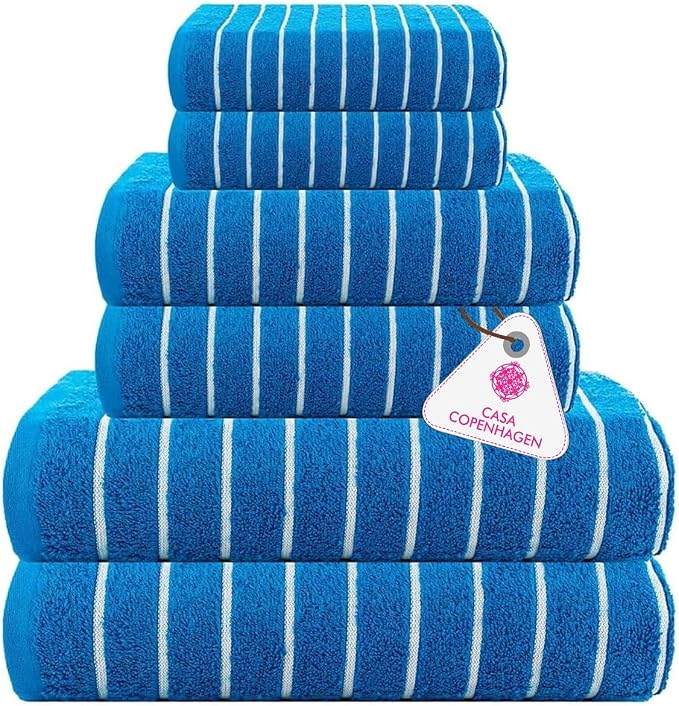 CASA COPENHAGEN Ecstatic 6 Pieces Towel Set- Electric Blue, 600 GSM 2 Bath Towel 2 Hand Towel 2 Washcloth, Made of Soft Egyptian Cotton for Bathroom, Kitchen & Shower. Gift Set for Women & Men.
