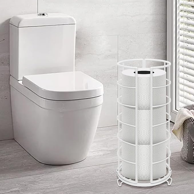 NearMoon Toilet Paper Organizer Stand, Free Standing 3 Rolls Tissue Storage, Metal Bathroom Accessory, Rustproof Toilet Roll Holder for Kitchen Countertop Inside Cabinet Shelf(Metal Base, White)