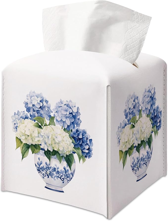 Chinoiserie Blue Hydrangea Square Faux Leather Tissue Box Cover | Blue and White Floral Tissue Holder, Hydrangea Accessories, for Bathroom, Car, Office Desk, 5.3x5.3x5.3