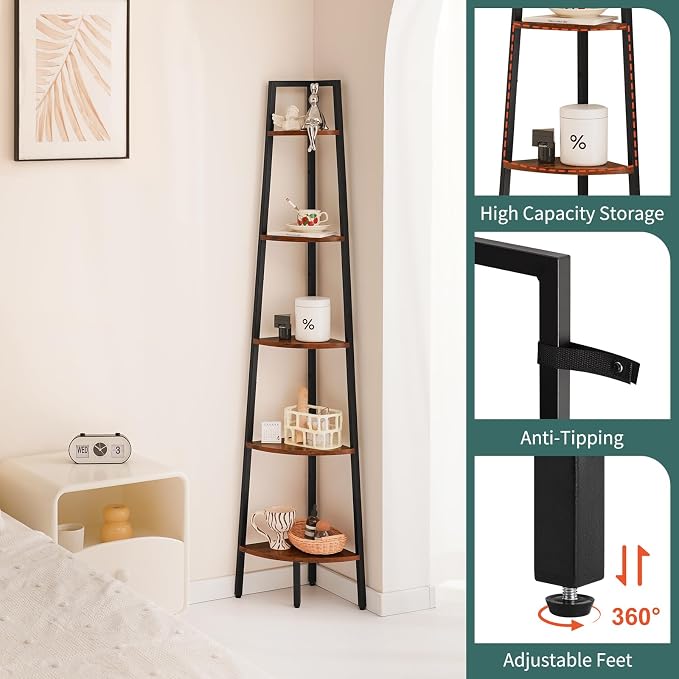 Yoobure 5-Tier Corner Shelf Stand- 67.5" Tall Corner Bookshelf with Metal Frame, Industrial Ladder Corner Shelves Display Shelf for Bedroom Living Room, Corner Bookcase Corner Plant Stand for Balcony
