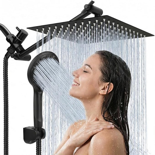 Shower Head, 12'' High Pressure Rainfall/Handheld Shower Combo, Matte Black | 9 Settings, Anti-leak Shower Head with 11'' Extension Arm, Holder, Hose, Height/Angle Adjustable Shower, 1.75GPM