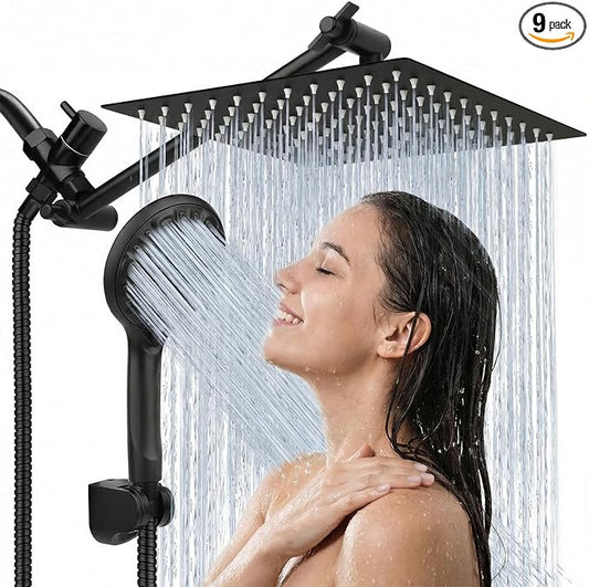 Shower Head, 8'' High Pressure Rainfall/Handheld Shower Combo, Matte Black | 9 Settings, Anti-leak Shower Head with 11'' Extension Arm, Holder, Hose, Height/Angle Adjustable Shower, 1.75GPM