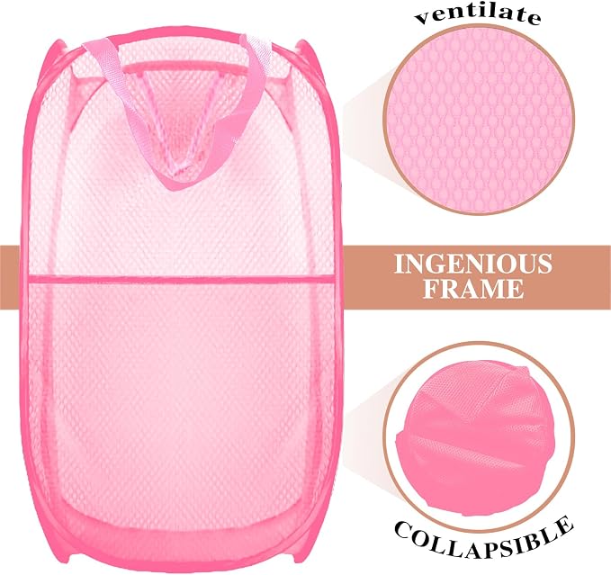 Collapsible Pop Up Laundry Hamper, Extra Large Mesh Foldable Laundry Basket Bag, 28" x 16" x 16", 2 Pack (Black + Pink)