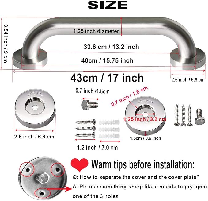 Brushed Nickel Grab Bar 16 Inch, 2 Pack Grab Bars for Bathtub and Shower | 1.25" Diameter, Stainless Steel Bathroom Safety Bar, Handrail for Senior Elderly, Handicap Support Bars, Wall Mounted