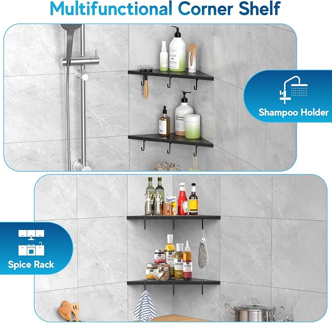 Corner Shower Shelves, 10" Matte Black 304 Stainless Steel Recessed Shelf for Bathroom，Grout in Shelf with Hooks for Tiled Wall 2 Pack (Black)