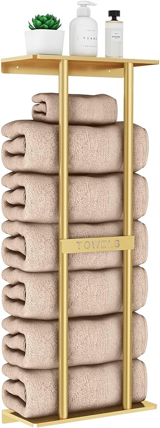 STWWO Bathroom Towel Storage Rack for Bathroom, 30 inch Towel Racks Wall Mounted with Shelf Can Holds 6 Large Towels, Wall Towel Rack for Rolled Towels, Gold | Towel Racks for Bathroom for Rolled Towels Folded Bath Towels, 30 inch