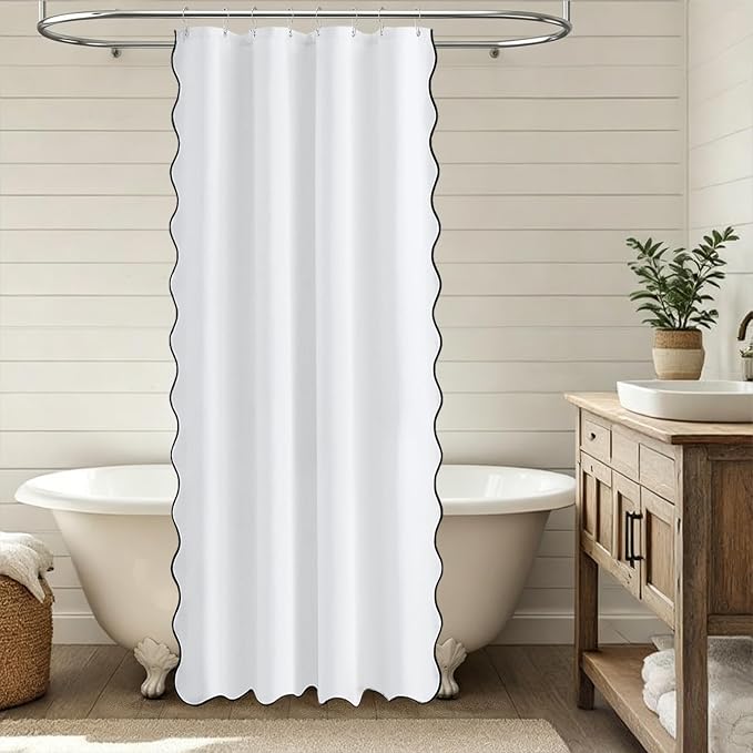 48x72 Boho Scalloped Linen Textured Cloth Shower Curtain Set, White | Stall Size, 230GSM Waterproof Polyester, Heavy Duty Fabric, 8 Plastic Hooks, Elegant Modern Farmhouse Style, Machine Washable