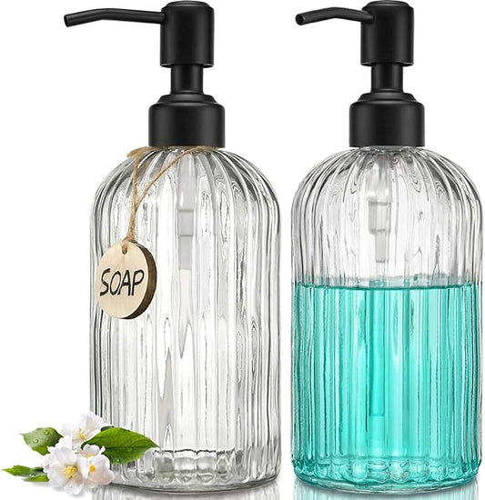 JASAI 2PACK 18Oz Simple Glass Soap Dispensers with Black Rust Proof Pump | Refillable Kitchen soap Dispenser with Vertical Stripe, Bathroom Soap Dispenser for Bathroom Hand soap, Dish Soap, Lotion