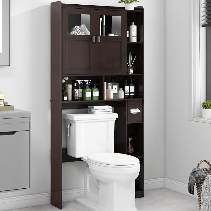 Vabches Over The Toilet Storage Cabinet with Doors and Shelves, Espresso | Freestanding Home Space Save Toilet Rack, with Adjustable Shelves for Restroom, Bathroom, Laundry