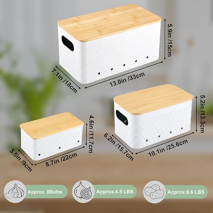 Kitchen Vegetable Storage Set of 3, Metal Onion Garlic Potato Storage Set, Kitchen Canisters Vegetable Keeper Containers with Aerating Holes and Bamboo Lid,Embossed White