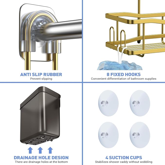 Hanging Shower Caddy Over Shower Head - No Drill Rustproof Shower Rack | Includes Soap Holder and Hooks for Shampoo, Conditioner, and Bathroom Essentials with Stable Storage in Any Shower Space