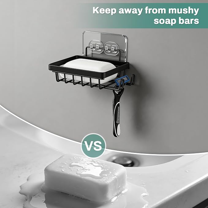 Self Draining Adhesive Soap Bar Holder for Shower Wall with with Soap Saver | Soap Dish Container Caddy Saver with 2 Hooks for Razor Loofah, Shampoo Sponge Tray Case Box for Bathroom Kitchen Sink, Black