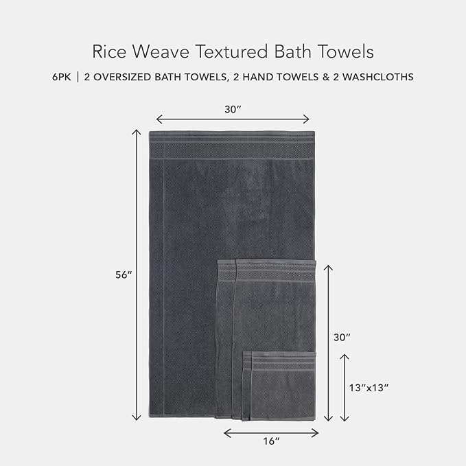Texere 100% Organic Cotton Rice Weave Jacquard 700 GSM Luxury Bath Towel Sets - Ultra Soft and Absorbent Hotel Quality, 2 Large Bath Towels, 2 Hand Towels, 2 Washcloths (Rice Weave, Charcoal, 6 Piece)