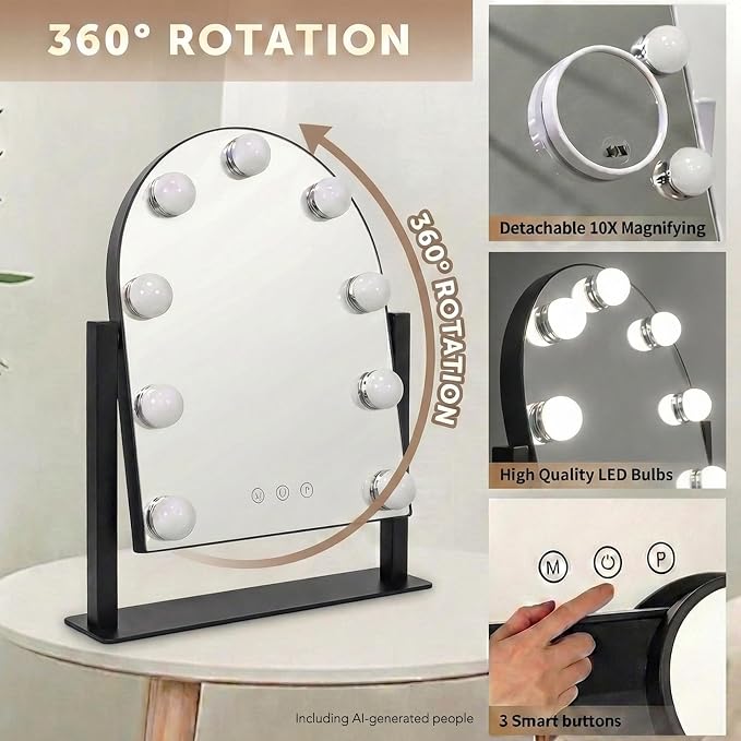 Arched Makeup Vanity Mirror with Lights,10X,Gold,14.17"x11.81" | Vanity Mirror with Detachable 10X Magnification Mirror, Rechargeable, 3 Color Lights,Smart Touch, 360‑Degree Swivel