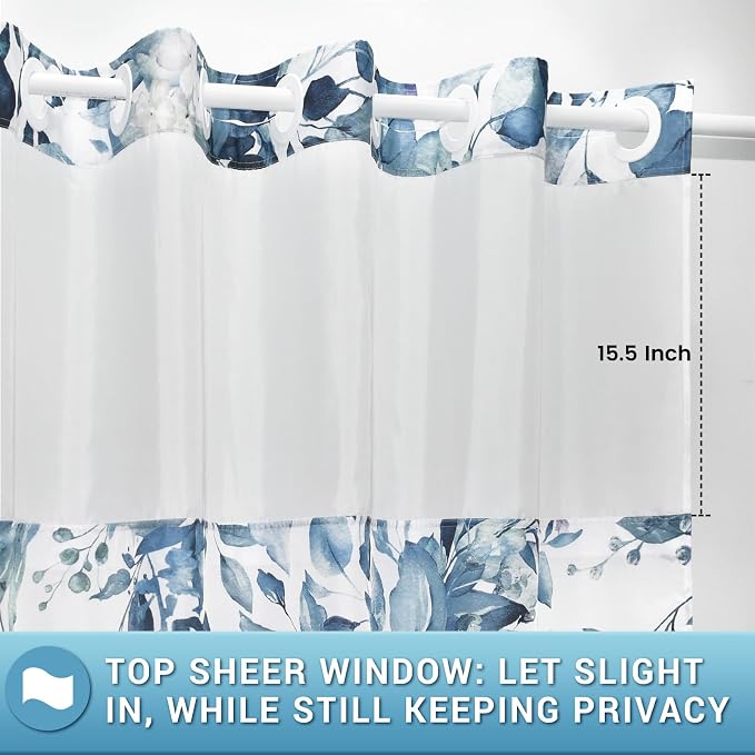 No Hook Floral Shower Curtain with Liner, Eucalyptus Blue, 71x74 | Snap in Liner, 3 in 1, Water Repellent, Easy Install, Machine Washable, Hotel Style for Bathroom, Watercolor Pattern