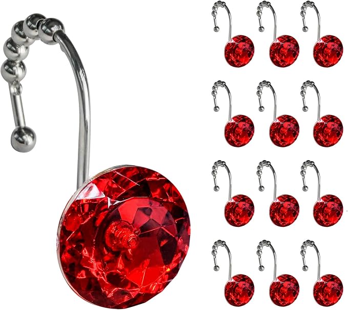 Sunlit Luxury Design Round Red Diamond Crystal Gem Bling with Glide Balls Shower Curtain Hooks, Rust Proof Metal Rhinestones Glam Shower Curtain Rings-12 Pack
