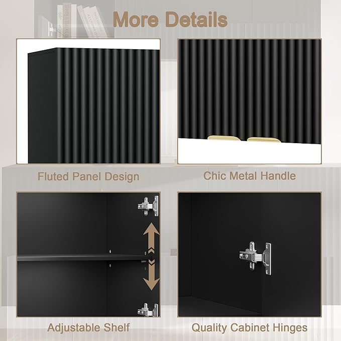 ChooChoo Bathroom Wall Cabinet, Laundry Room Cabinet with 2 Fluted Doors | Kitchen Storage Cupboard Cabinet with Adjustable Shelf, Fluted Wall-Mounted Medicine Cabinet for Kitchen, Garage, Black