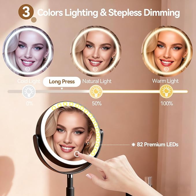 20X Magnifying Mirror with Lights and Storage, Double Sided Vanity Mirror | Rechargeable Makeup Mirror, 3 Color Lighting, Fast Charge and Long-lasting Work, Height Adjustable, Memory Function, Black